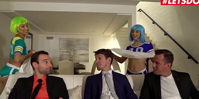 Three horny babes and three guys are fucking at this orgy