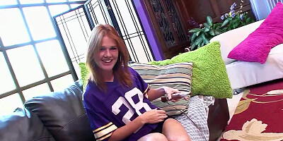 Skinny freckled redhead puts vibrator to clit and cums so hard