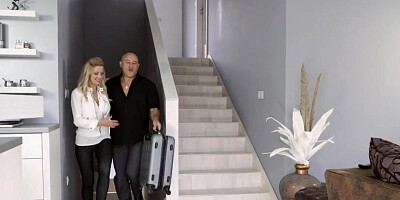 Freaky blonde model riding the dick of an older bald stud