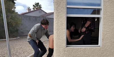 Asian delivery-girl treats two guys to her mouth and pussy