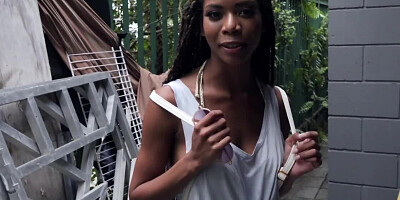 Ebony babe begrudgingly takes clothes off to fool around