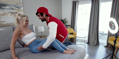 Flexible blonde lets him have a taste of her wet pussy