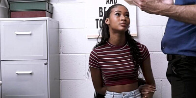 Cute ebony teen girl is banged by a perverted mall cop because of shoplifting
