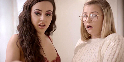 Curly-haired girl and a nerdy blonde are sharing a big prick