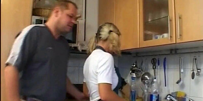 Teen schoolgirl gets fucked by randy stepdad in the kitchen