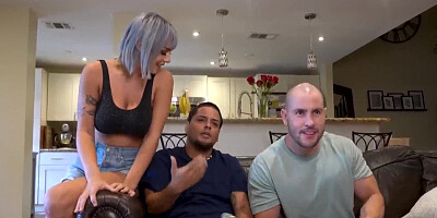 Insatiable busty babe is getting banged by her boyfriend's friend while he's playing video games