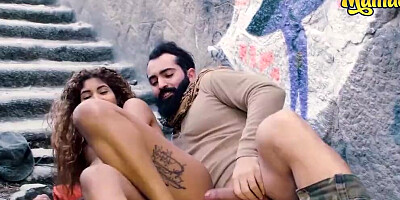 Curly-haired Latina and her lover found a secluded place for sex in public