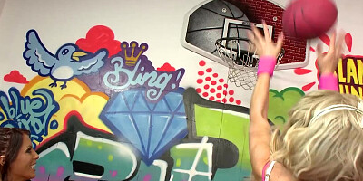 Blonde milf beauty and her brunette friend with big fake tits share a guy in an amazing threesome