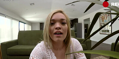 Blonde gal was caught masturbating by stepbro and invited him for sex