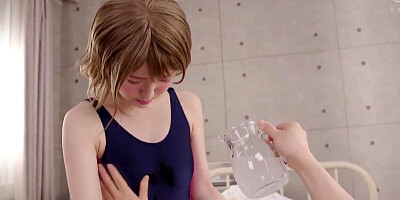 Adorable Japanese doll is riding an erect prick while wearing a swimsuit