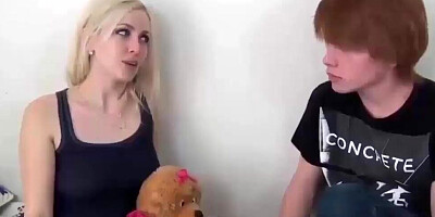 Ginger teen boy is getting a handjob from his naughty blonde stepsister