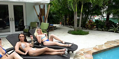 Lucky bastard is about to enjoy a foursome with three hot chicks by the pool