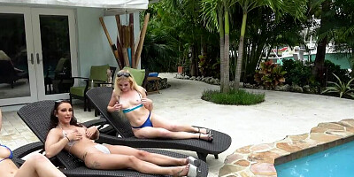 Lucky bastard is about to enjoy a foursome with three hot chicks by the pool