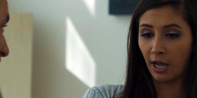 Horny couple is having an intense sexual intercourse on a leather sofa