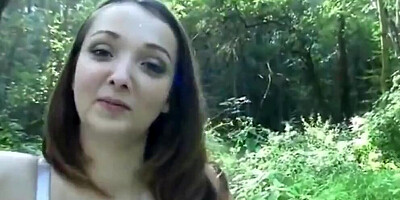 POV cute amateur girl reveals her giant jugs out in a forest