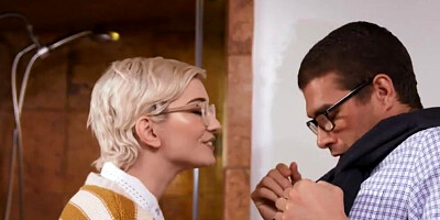 Busty blonde nerd with glasses is in a cock-craving mood