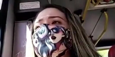 Amateur babe with a face mask is rubbing her hairless snatch on a public bus ride