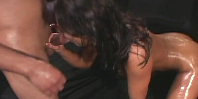 Oiled up slutty milf spreads her legs for the threesome to begin with double penetration