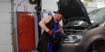 Horny big boobs housewife MILF pussy fucking in foursome with lusty car mechanics