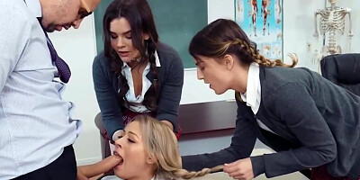 Three schoolgirls worship an older dude for some reason