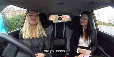 Fake Driving School lesbian sex with hot Australian babe and busty milf