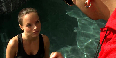 Amazing beauty with a perfect body sucking dick in public by the pool