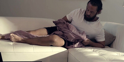 Bearded stallion is having two lovely blonde babes bouncing on his cock