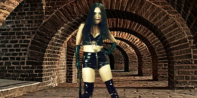 Brunette girl in latex costume is humiliating slave in sex dungeon