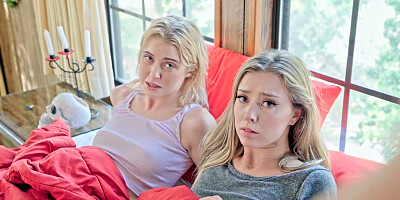 Scared teen stepsisters pranked by stepbro during Halloween