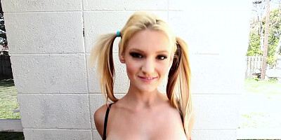 Blonde sweetie in blue tutu possesses not only cheerleading skills