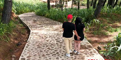 Busty Latina sucks cock and takes it into cunt outdoors