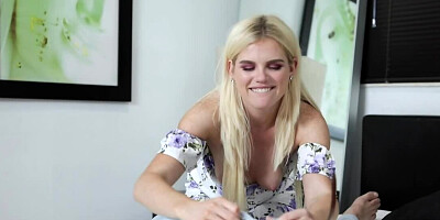 Male melts with joy having his erect penis blown by the blonde