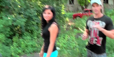 Bella Margo in street fucking with a cute chick and a horny guy