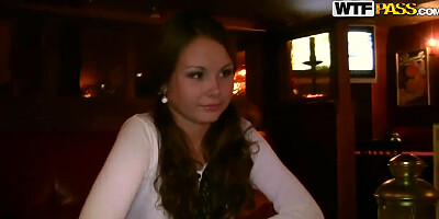 Young looking brunette Mystica sucks cock in public