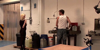 Trashy secretary takes a break to get fucked in a garage