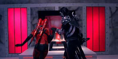 A sexy Sith girl is sucking a large dick on her knees