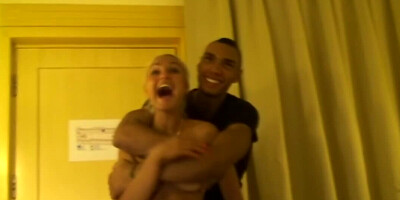 Two guys and three girls are having orgy in the hotel room