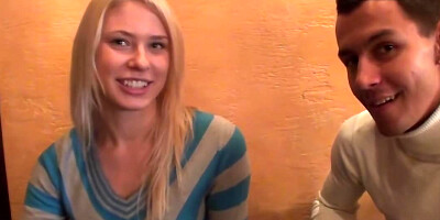 Russian blonde agrees to suck two cocks for cash in public restroom