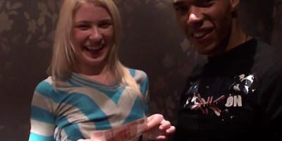 Russian blonde agrees to suck two cocks for cash in public restroom