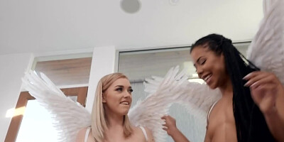 Blonde and ebony are sharing that big strap-on dildo