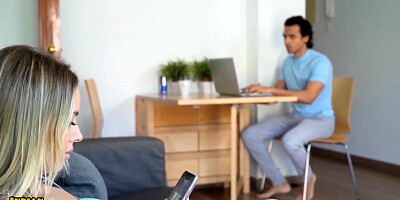 Gorgeous blonde babe is talking to a perverted Indian dude