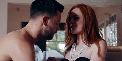 Red-haired lovely with pale skin rides penis till pussy creampie