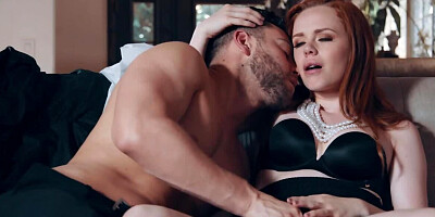 Red-haired lovely with pale skin rides penis till pussy creampie