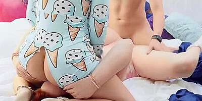 Plump Lesbians With A Guy In Bed Have Group Sex