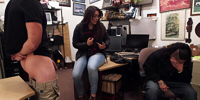 Horny hunk pawnshop owner caught lesbian stealing in his shop and he fucked her hard