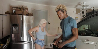 Blonde and brunette fucking with a big black man in threesome