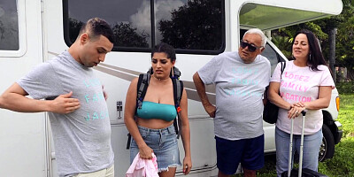 Teen Latina with big boobs rides her stepbro in the van