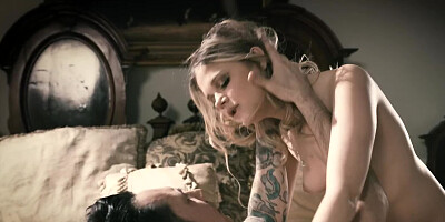 Inked man passionately makes love with adorable blonde chick