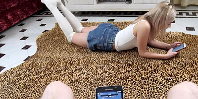 Female makes man experience great bonking on a grey couch