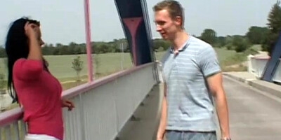 Busty German Milf sucks and fucks outdoor on a bridge